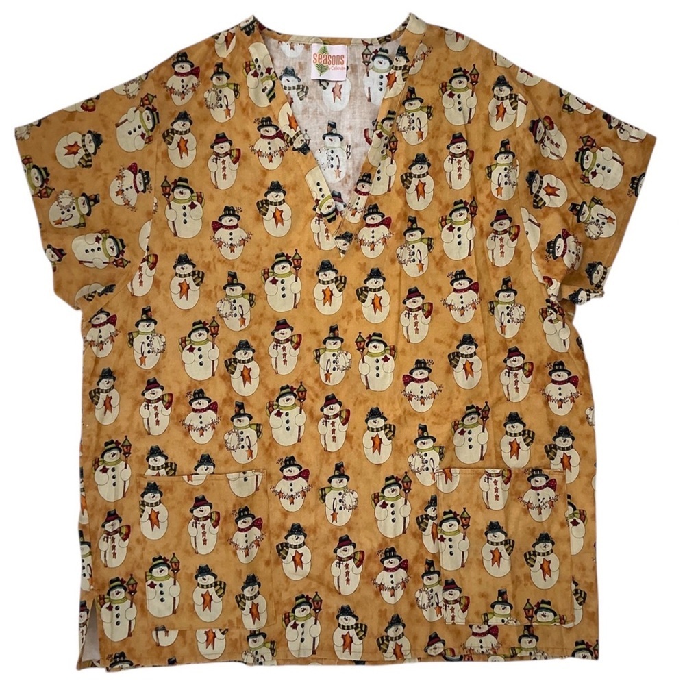 Seasons CelScrub Cotton Scrub Top V Neck Holiday Snowman Birdhouse Gold Spice XL